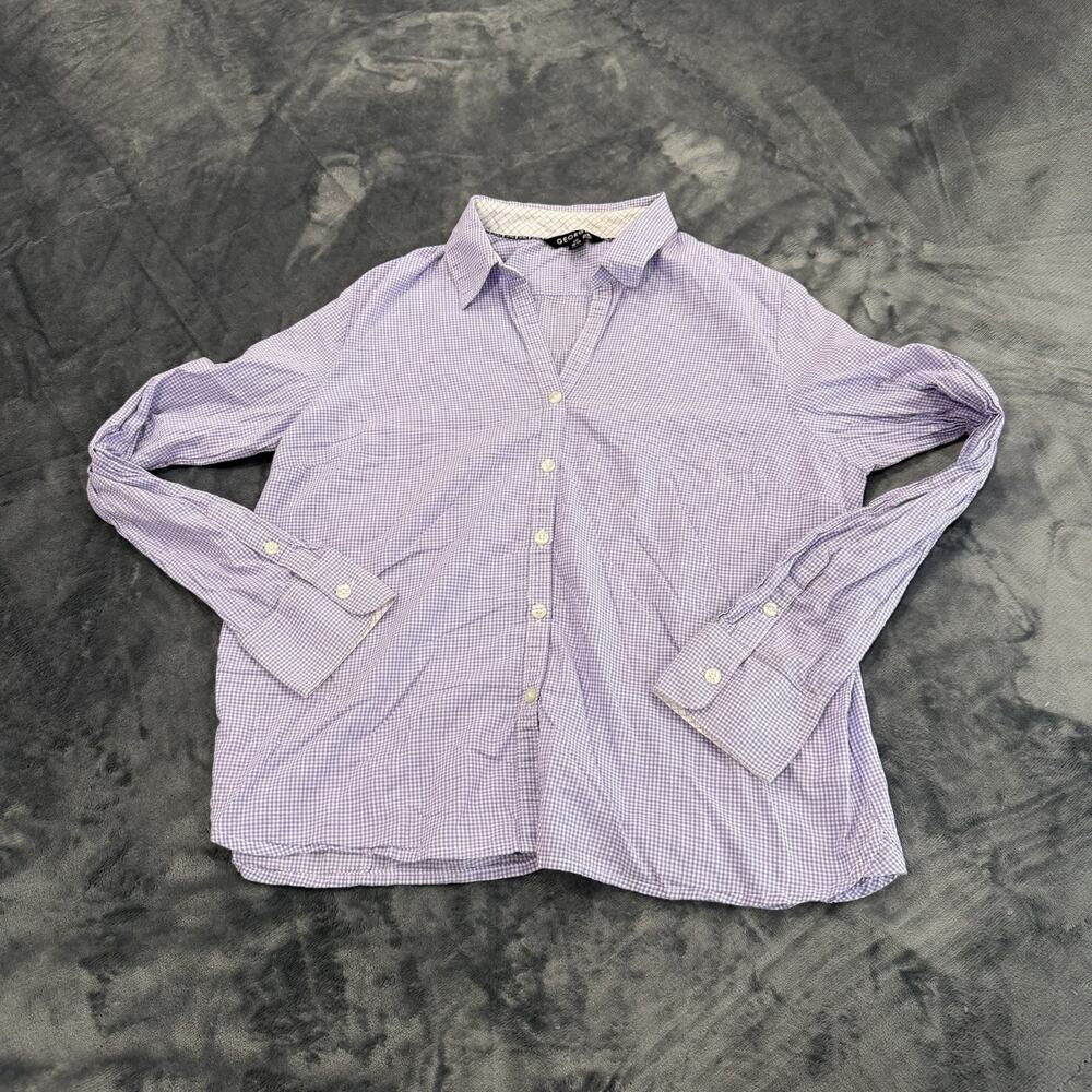 George Women Purple White Gingham Check Button Up Long Sleeve Shirt Sz L Preppy